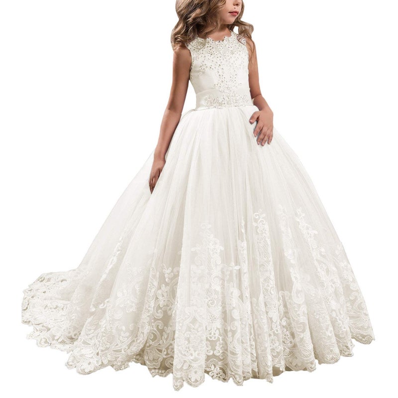 WDE Princess Ivory Long Girls Pageant Dresses Kids Prom Puffy Tulle, Ivory, Size 2 - Image 1